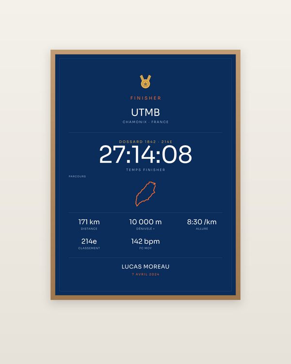 Finisher UTMB, encadrée dans un cadre bois naturel