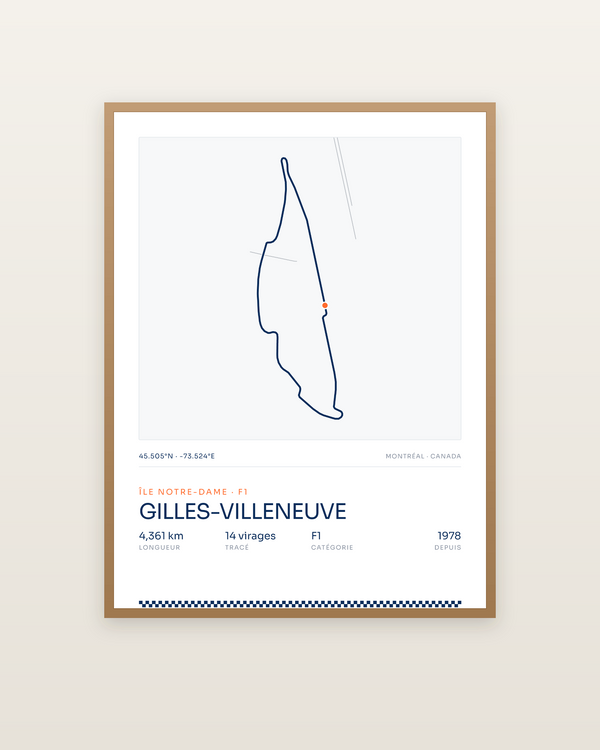 Gilles-Villeneuve, encadrée dans un cadre bois naturel