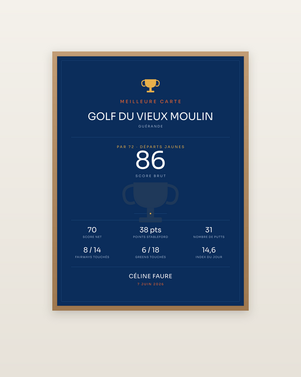 Affiche Ma meilleure carte | Golf, encadrée dans un cadre bois naturel