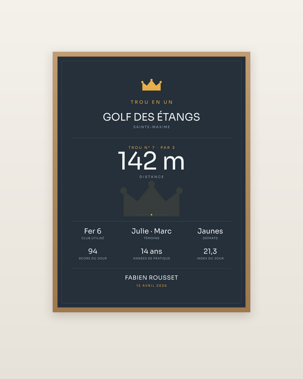 Affiche Trou en un | Le coup d'une vie, encadrée dans un cadre bois naturel