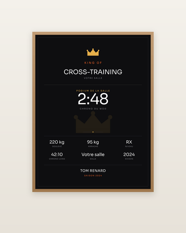 King of Cross-training, encadrée dans un cadre bois naturel