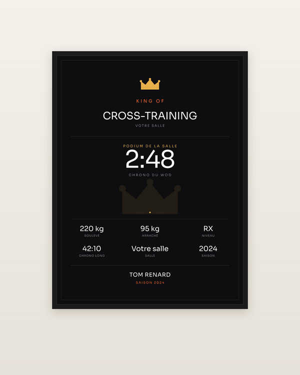 King of Cross-training, encadrée dans un cadre noir