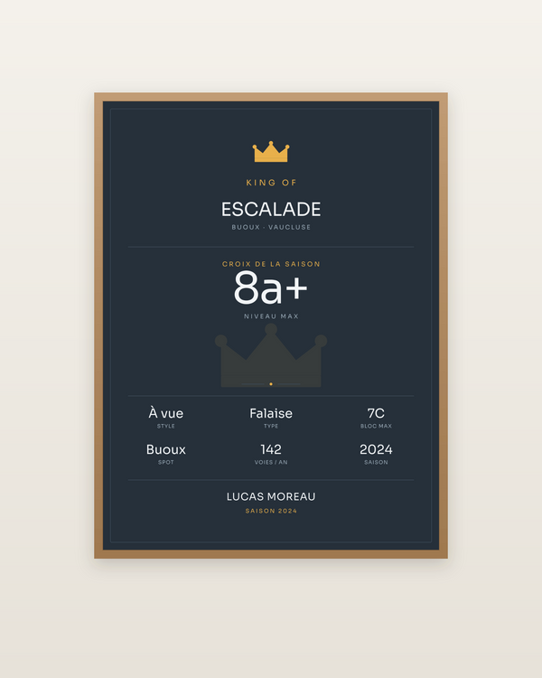 King of Escalade, encadrée dans un cadre bois naturel