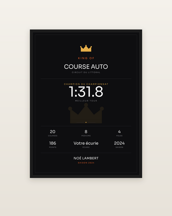King of la course auto, encadrée dans un cadre noir