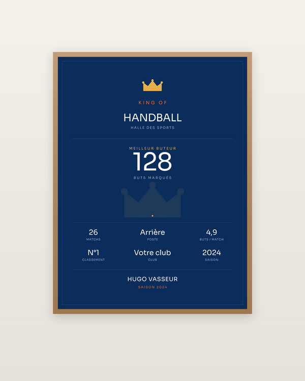 King of Handball, encadrée dans un cadre bois naturel