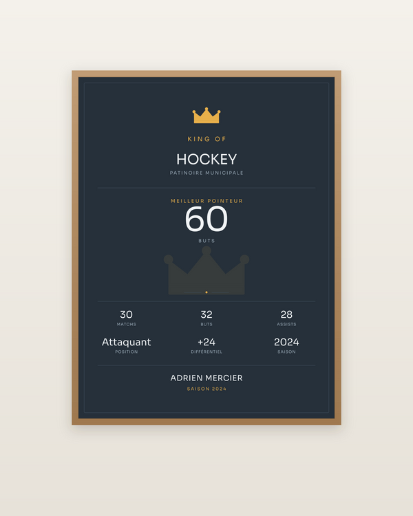 King of Hockey, encadrée dans un cadre bois naturel