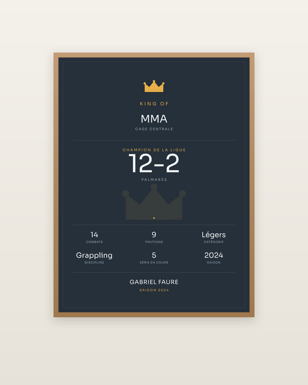 King of MMA, encadrée dans un cadre bois naturel