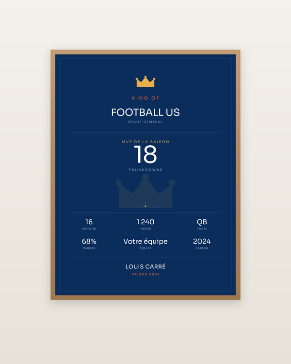 King of Football US, encadrée dans un cadre bois naturel