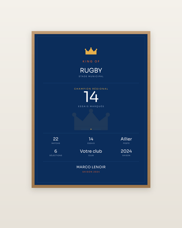 King of Rugby, encadrée dans un cadre bois naturel