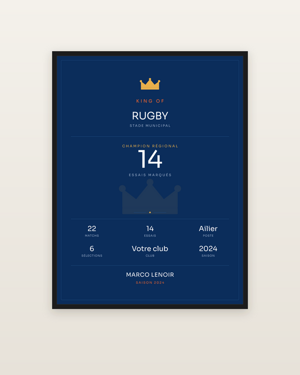 King of Rugby, encadrée dans un cadre noir