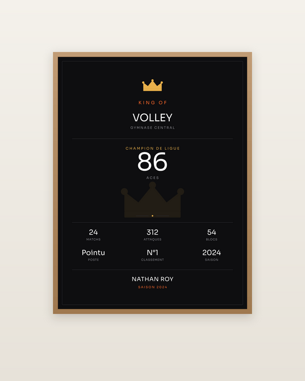King of Volley, encadrée dans un cadre bois naturel