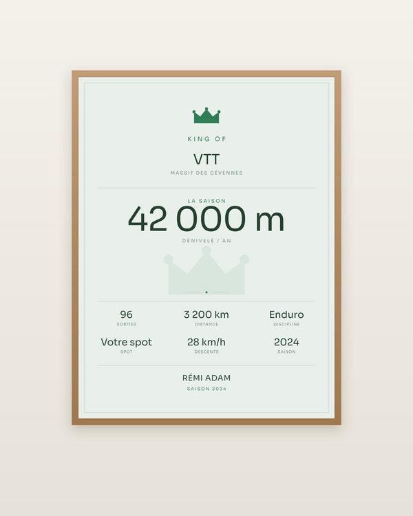 King of VTT, encadrée dans un cadre bois naturel