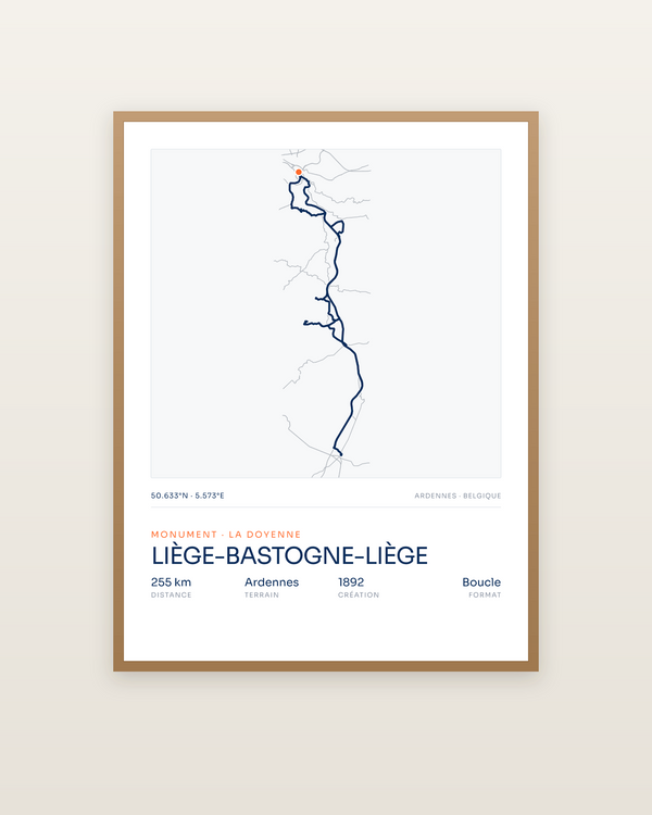 Liège-Bastogne-Liège, encadrée dans un cadre bois naturel