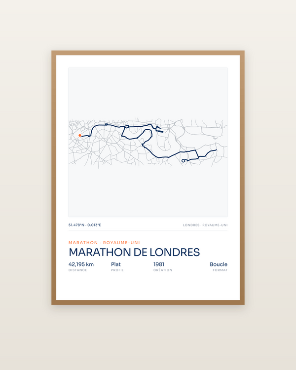 Marathon de Londres, encadrée dans un cadre bois naturel