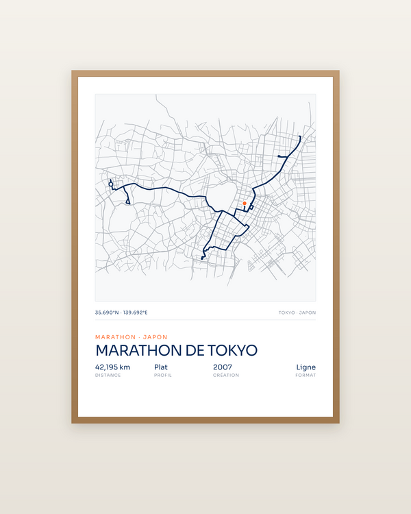 Marathon de Tokyo, encadrée dans un cadre bois naturel
