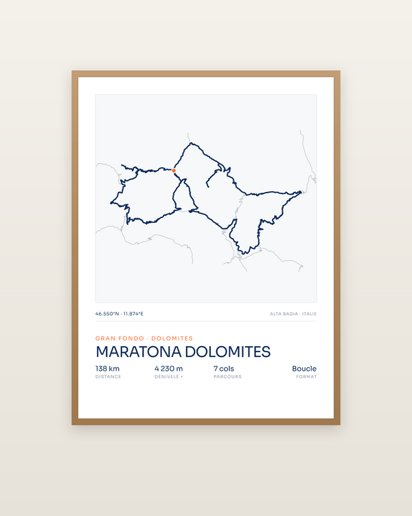 Maratona Dolomites, encadrée dans un cadre bois naturel