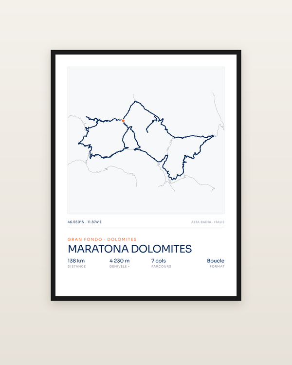 Maratona Dolomites, encadrée dans un cadre noir