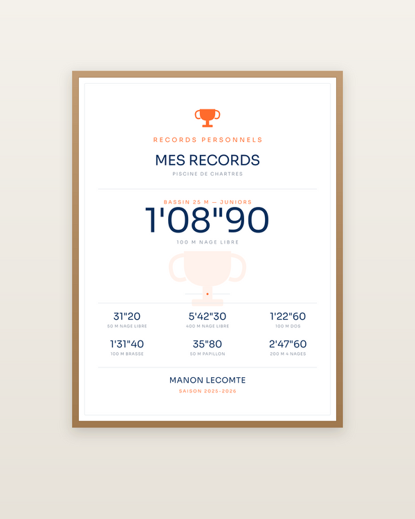 Affiche Mes records par nage | Natation, encadrée dans un cadre bois naturel