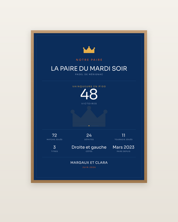 Affiche Padel | Notre paire, encadrée dans un cadre bois naturel