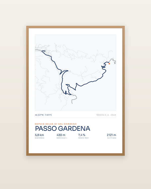 Passo Gardena, encadrée dans un cadre bois naturel