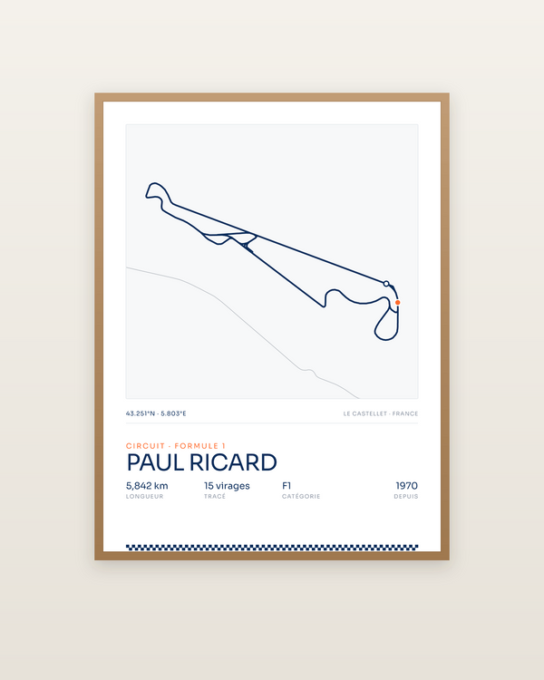 Paul Ricard, encadrée dans un cadre bois naturel