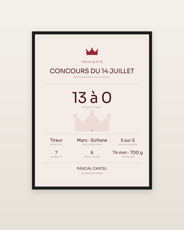 Affiche Concours de pétanque | La triplette, encadrée dans un cadre noir