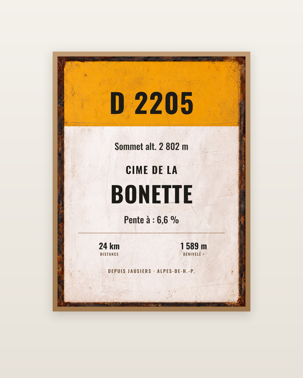 Plaque Cime de la Bonette, encadrée dans un cadre bois naturel