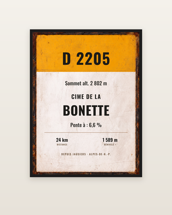 Plaque Cime de la Bonette, encadrée dans un cadre noir