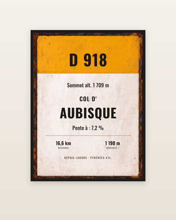 Plaque Col d'Aubisque, encadrée dans un cadre noir