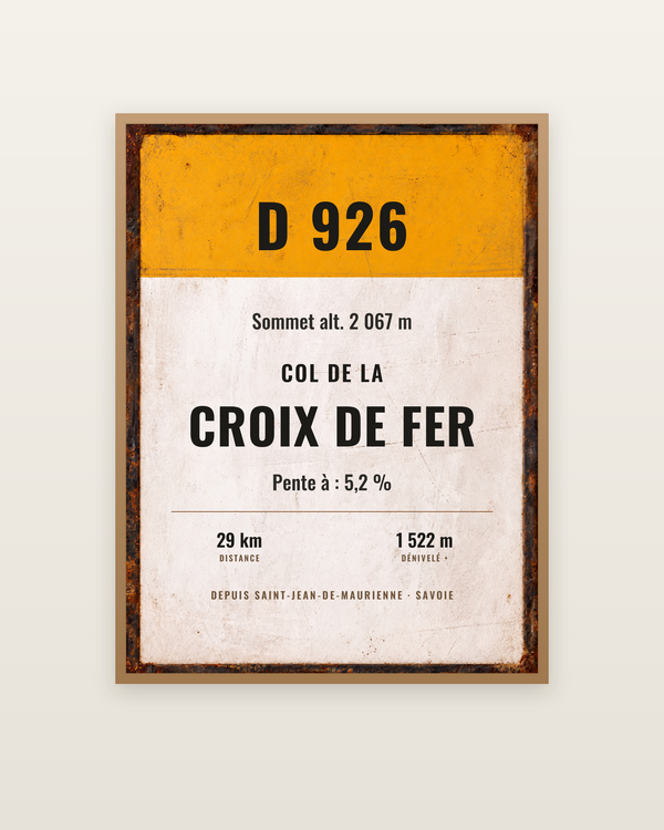 Plaque Col de la Croix de Fer, encadrée dans un cadre bois naturel