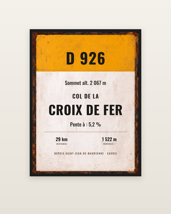 Plaque Col de la Croix de Fer, encadrée dans un cadre noir