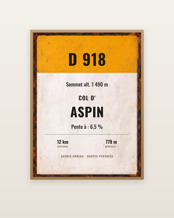Plaque Col d'Aspin, encadrée dans un cadre bois naturel