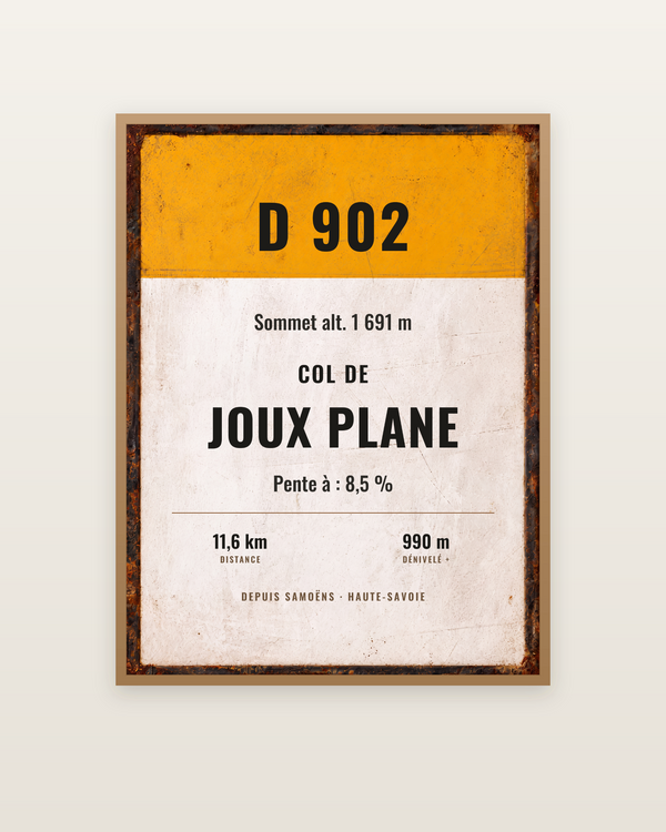 Plaque Col de Joux Plane, encadrée dans un cadre bois naturel