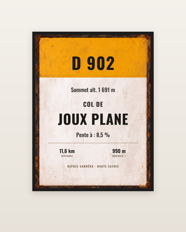 Plaque Col de Joux Plane, encadrée dans un cadre noir