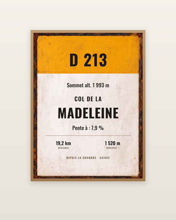 Plaque Col de la Madeleine, encadrée dans un cadre bois naturel
