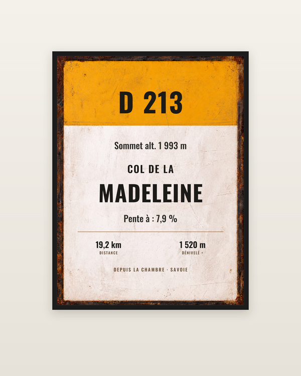 Plaque Col de la Madeleine, encadrée dans un cadre noir