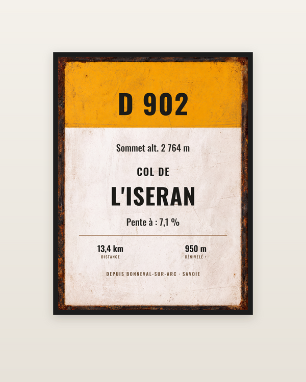 Plaque Col de l'Iseran, encadrée dans un cadre noir