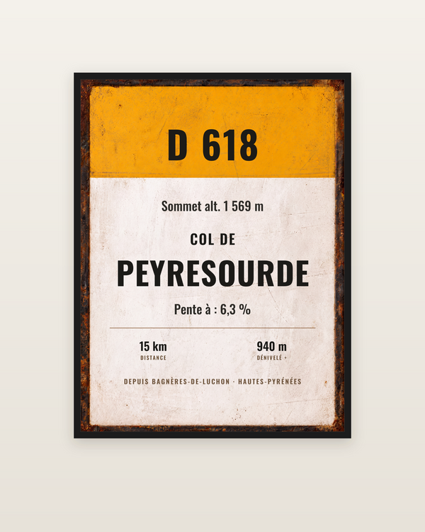 Plaque Col de Peyresourde, encadrée dans un cadre noir