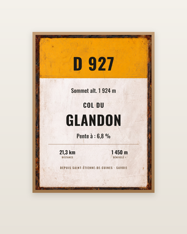 Plaque Col du Glandon, encadrée dans un cadre bois naturel