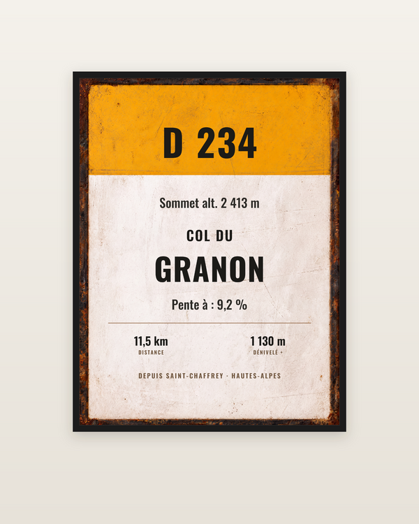 Plaque Col du Granon, encadrée dans un cadre noir