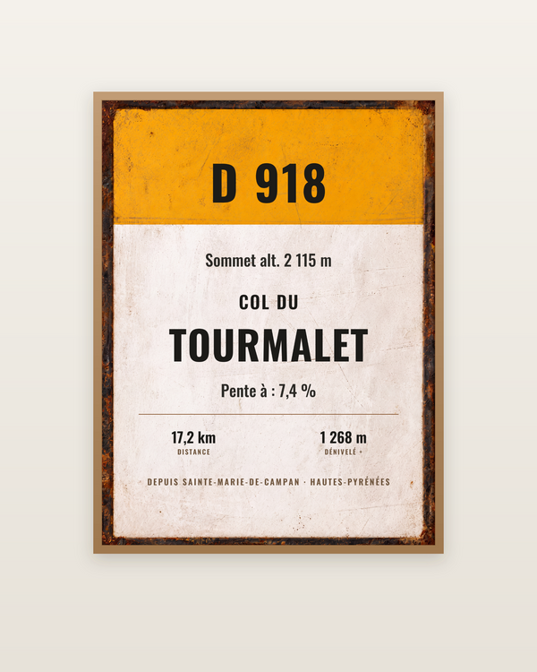 Plaque Col du Tourmalet, encadrée dans un cadre bois naturel