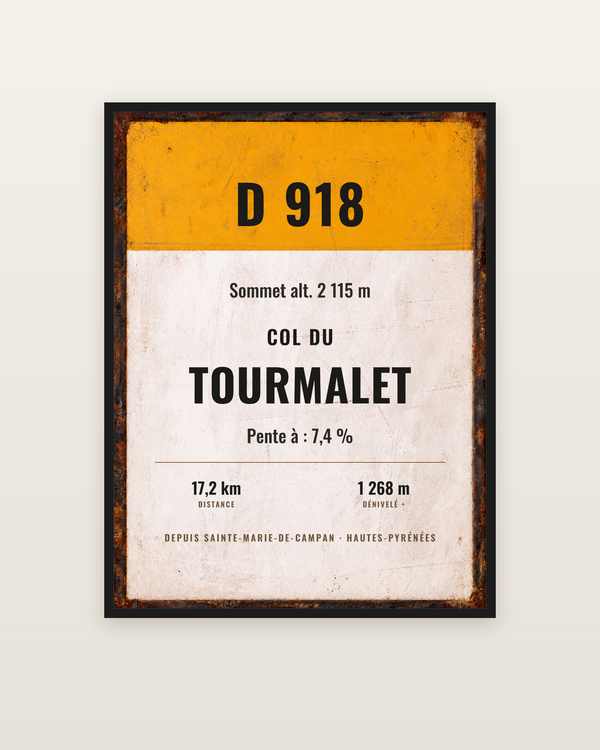 Plaque Col du Tourmalet, encadrée dans un cadre noir