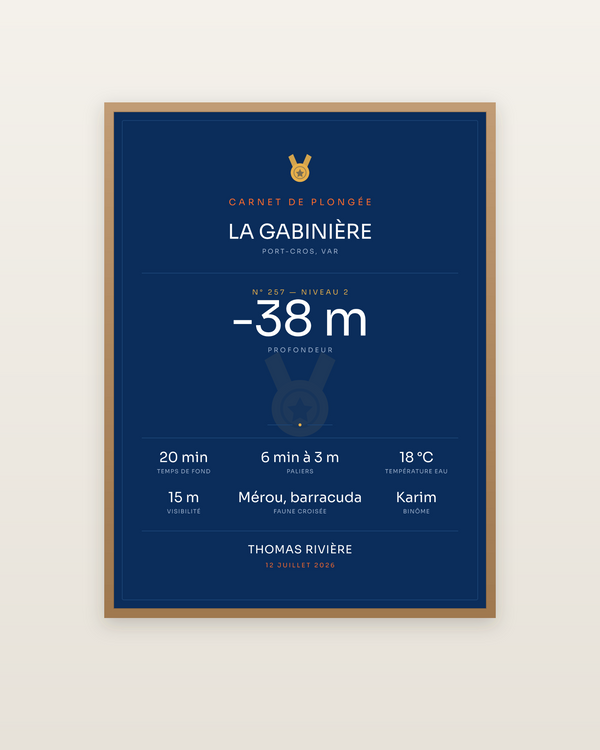 Affiche Plongée | Profondeur max, encadrée dans un cadre bois naturel