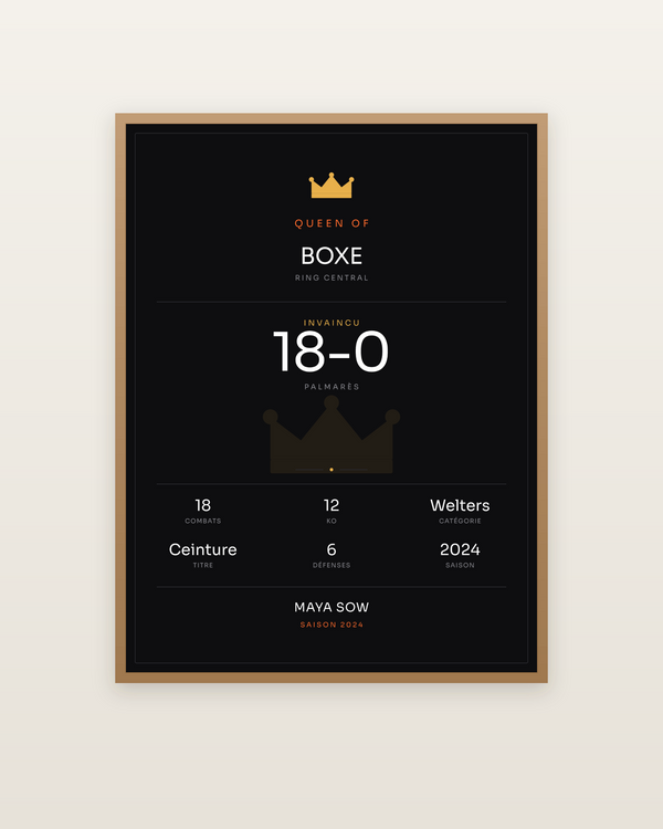 Queen of Boxe, encadrée dans un cadre bois naturel