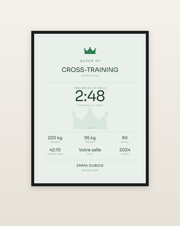 Queen of Cross-training, encadrée dans un cadre noir