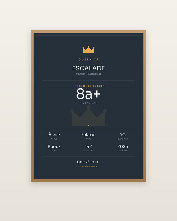 Queen of Escalade, encadrée dans un cadre bois naturel