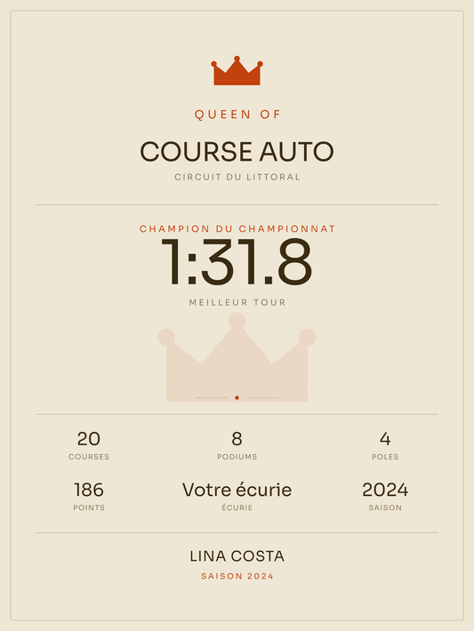 Queen of la course auto, affiche personnalisable imprimée en France