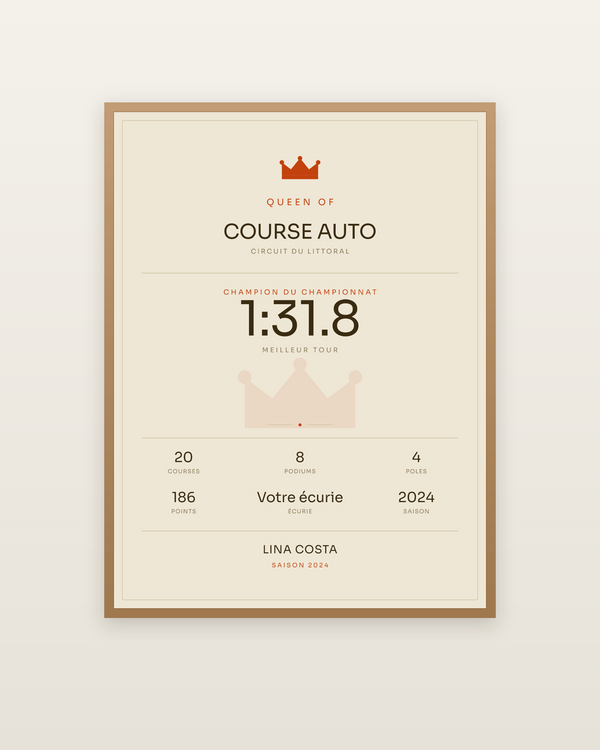 Queen of la course auto, encadrée dans un cadre bois naturel