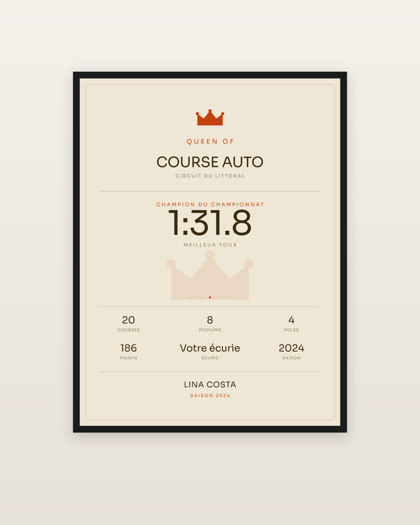 Queen of la course auto, encadrée dans un cadre noir