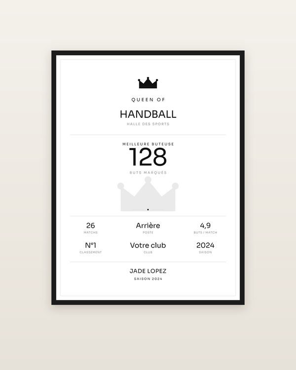 Queen of Handball, encadrée dans un cadre noir